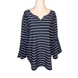 Van Heusen Shirt Womens M Black White Striped Flared Long Sleeve Stretch Blouse